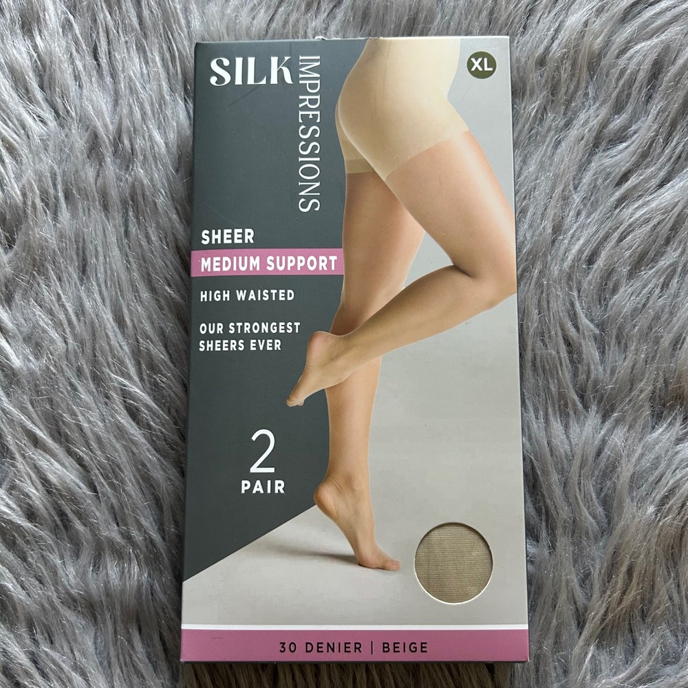 Silk Impressions Medium Support Sheer Tights‎ Womens Size XL Beige High Waisted